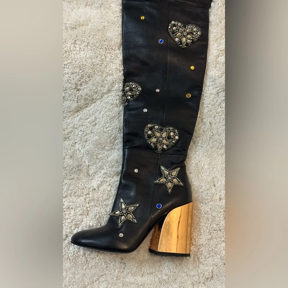 Ivy Kirzhner Embellished OTK Boots | Hearts & Stars Crystals | Leather | US 8